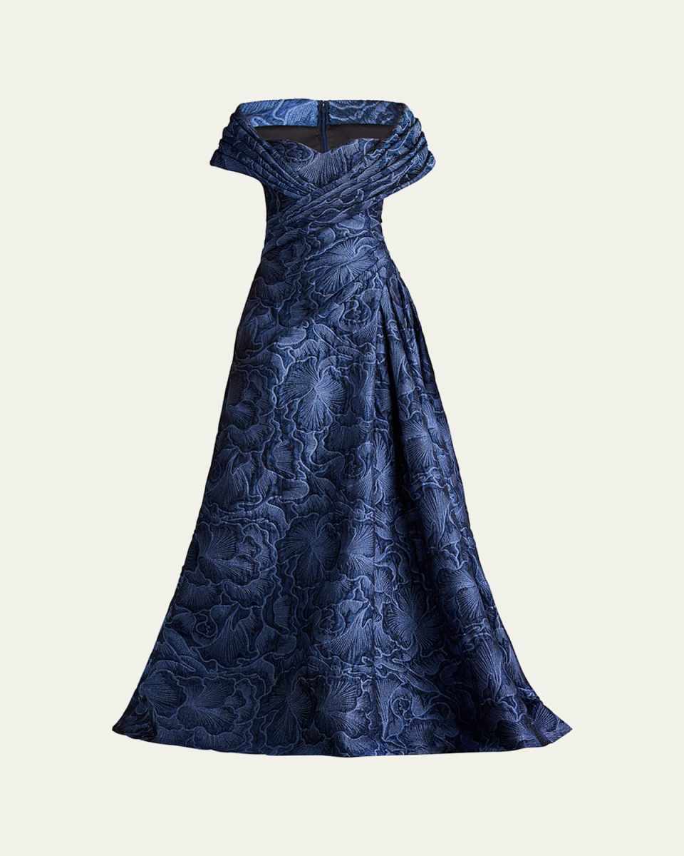 Pleated Off-Shoulder Floral Jacquard Gown
